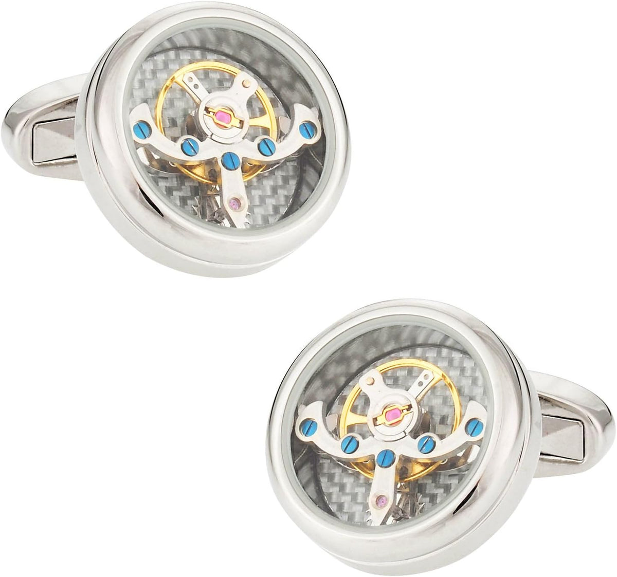 Cuff-Daddy silver tourbillon carbon fiber watch cufflinks front view and gift box