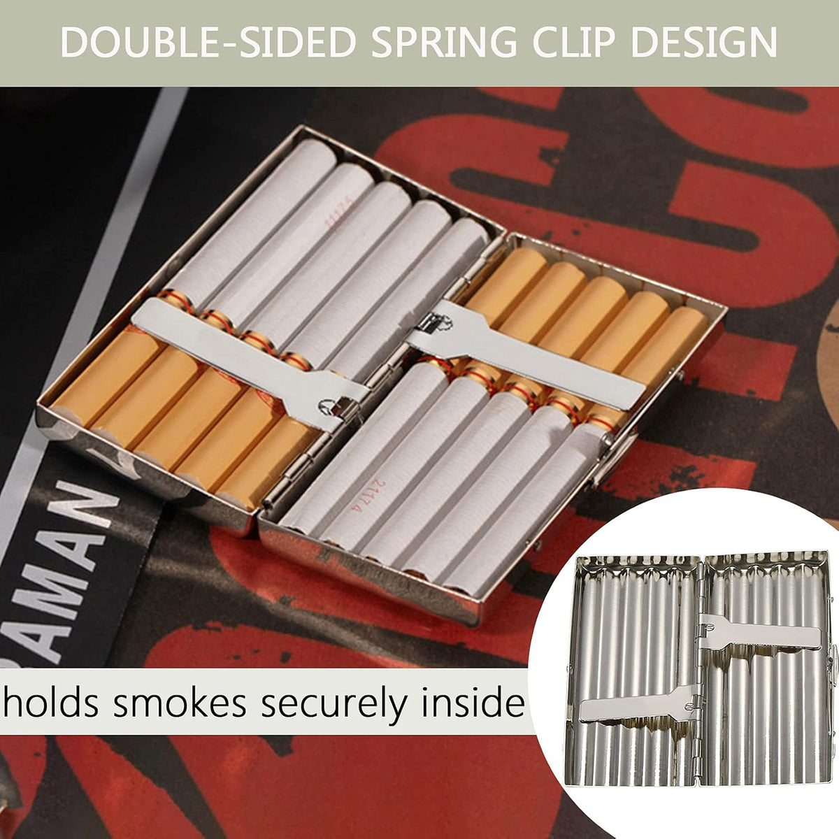 Exttlliy silver corrugated metal cigarette case side view button latch