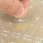 imComor universal English keyboard stickers front view showing transparent sheet with white letters.