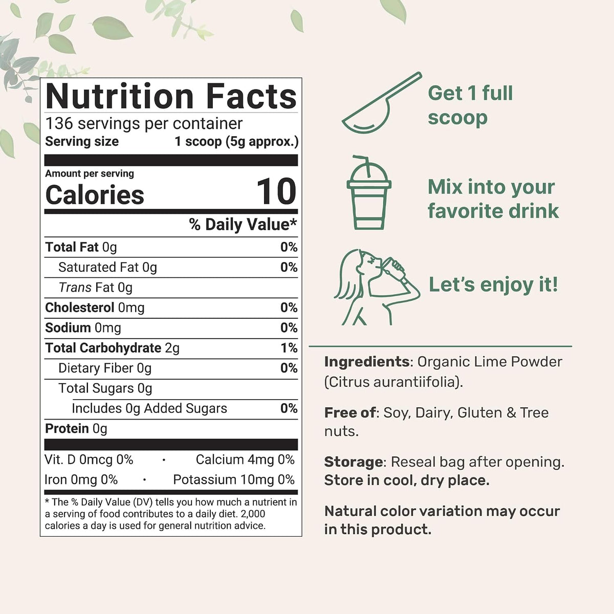 Micro Ingredients Organic Freeze-Dried Lime Powder nutritional label and ingredients