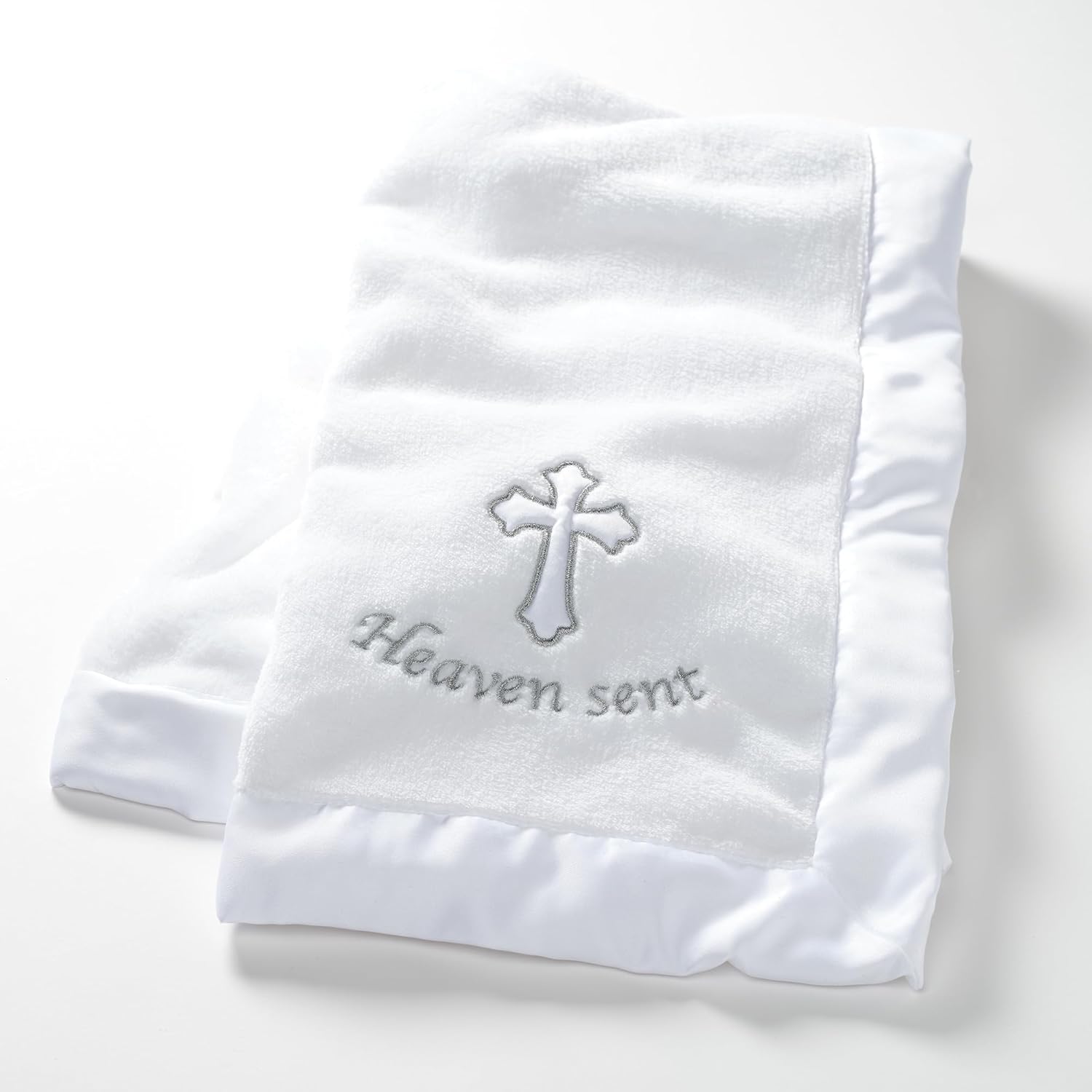 Lambs and Ivy Heaven Sent baptism fleece blanket front view showcasing the embroidered cross