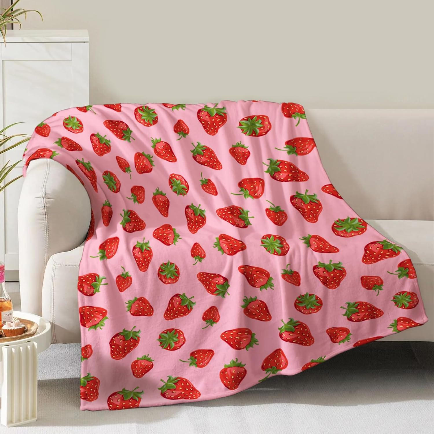 NuKuNsKf strawberry plush fleece throw blanket front view showcasing vibrant pink fruit pattern