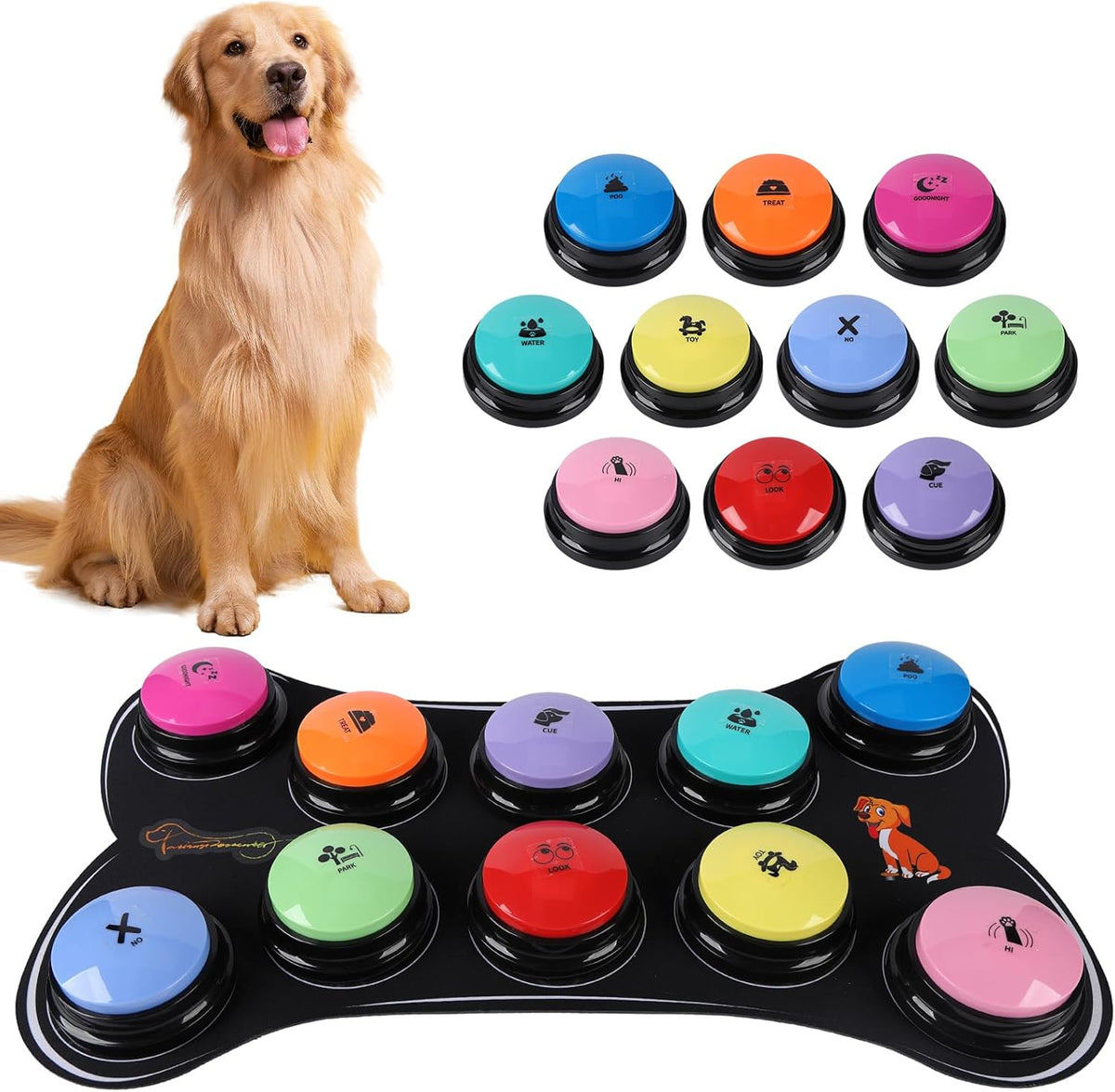 Mmggaish dog buttons for communication ten piece starter set front view with multi colored recordable speech buzzers placed on a black non slip mat