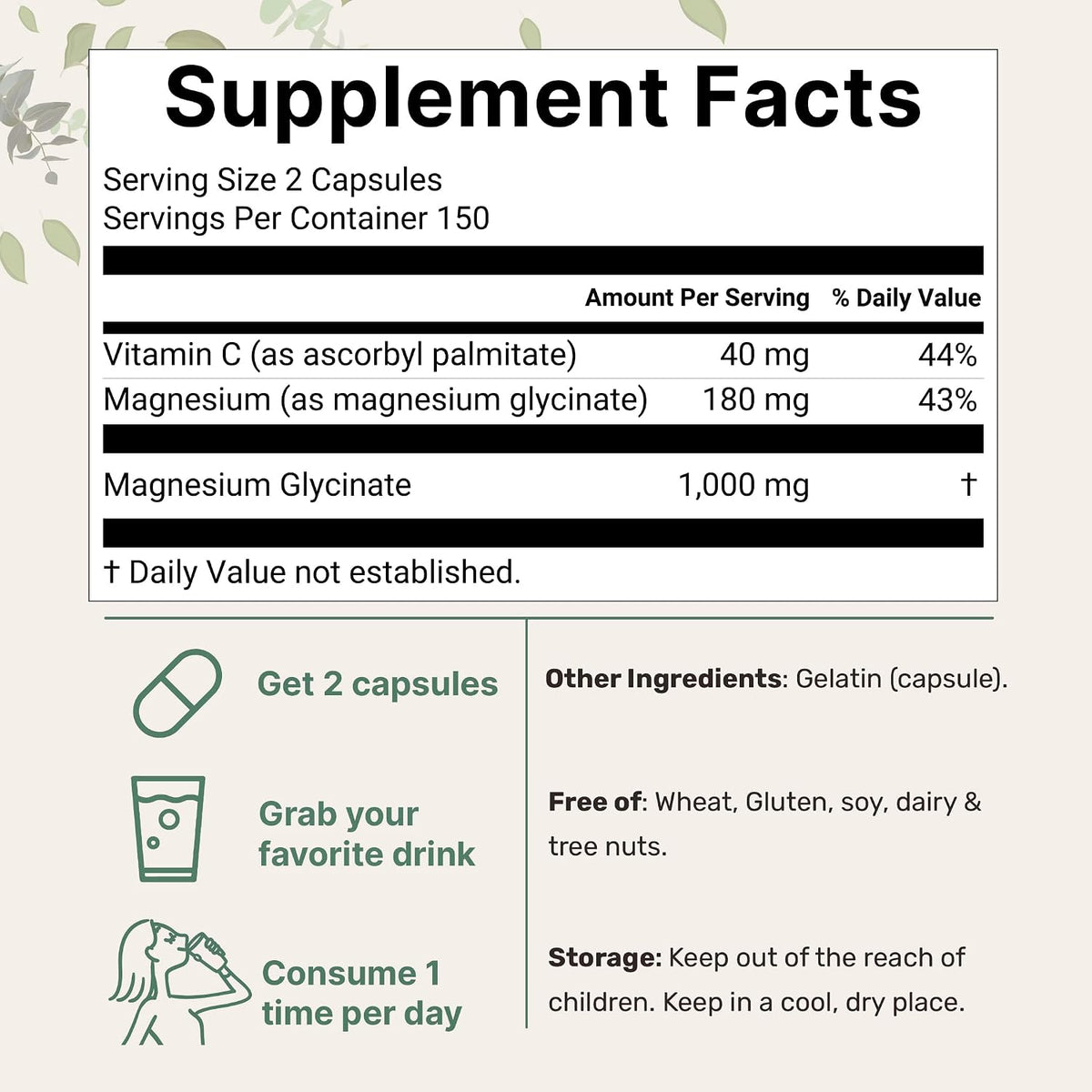 Micro Ingredients Pure Magnesium Glycinate supplement facts nutrition label