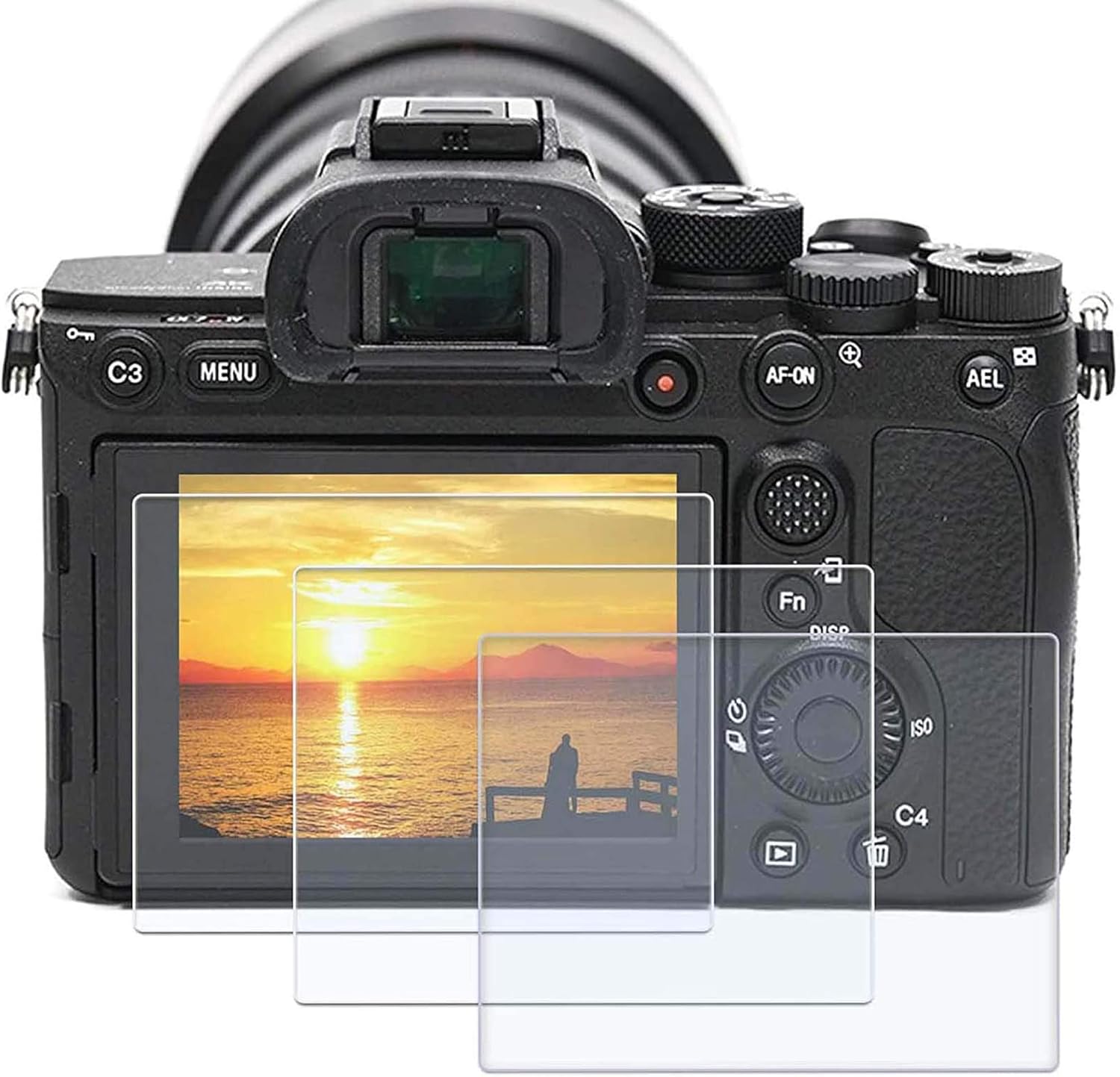 PCTC tempered glass camera screen protector front view showcasing the ultra clear three pack packaging.