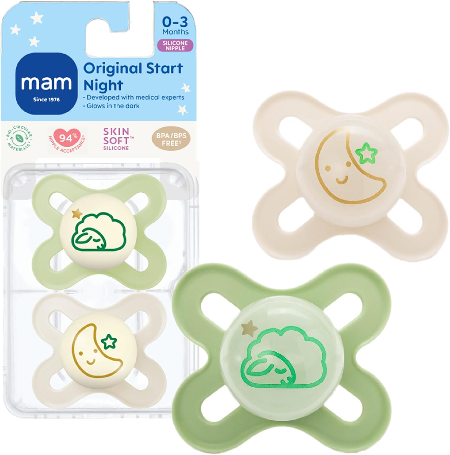 MAM Original Start Night Baby Pacifiers 0-3 Months Newborns, BPA-Free Skin Soft Silicone Nipple, Glows in The Dark, Developed with Medical Experts, 2 Count with Sterilizer Case - Image 1