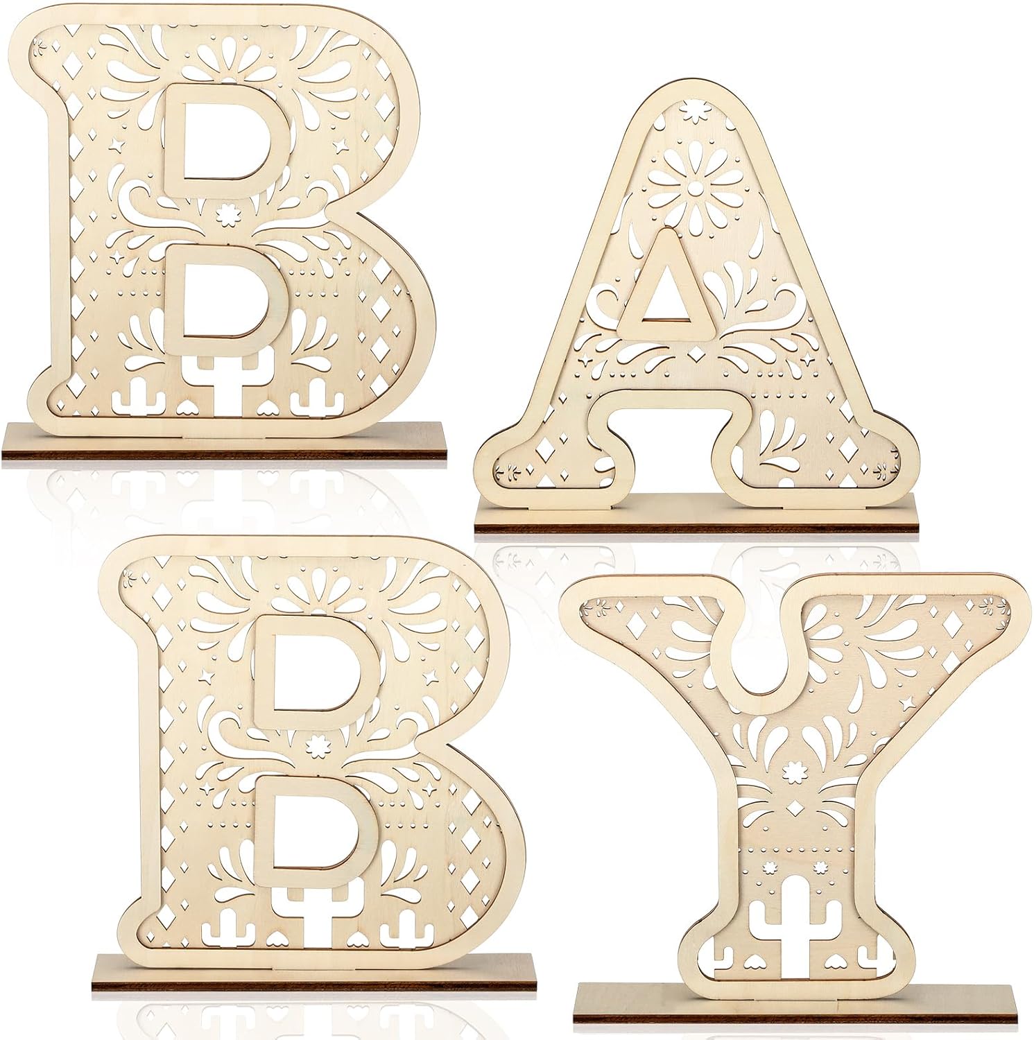 Sliner 4 Pieces Wood Baby Letters front view freestanding on nursery shelf