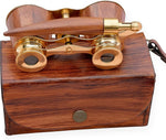 Sifaat World vintage opera glasses front view showing solid brass body and wood trimmed barrels