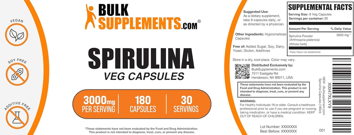 Authentic USA imported BulkSupplements Spirulina green superfood daily dietary capsules showing exact supplement serving sizes.