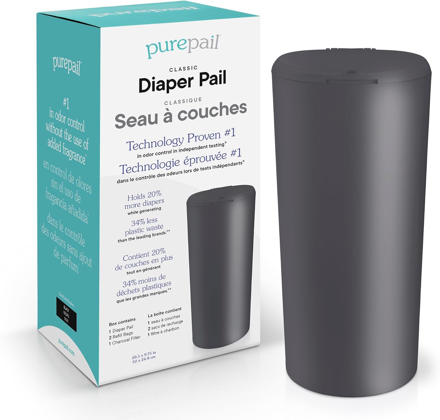 PurePail Classic Diaper Pail black front view for odor control