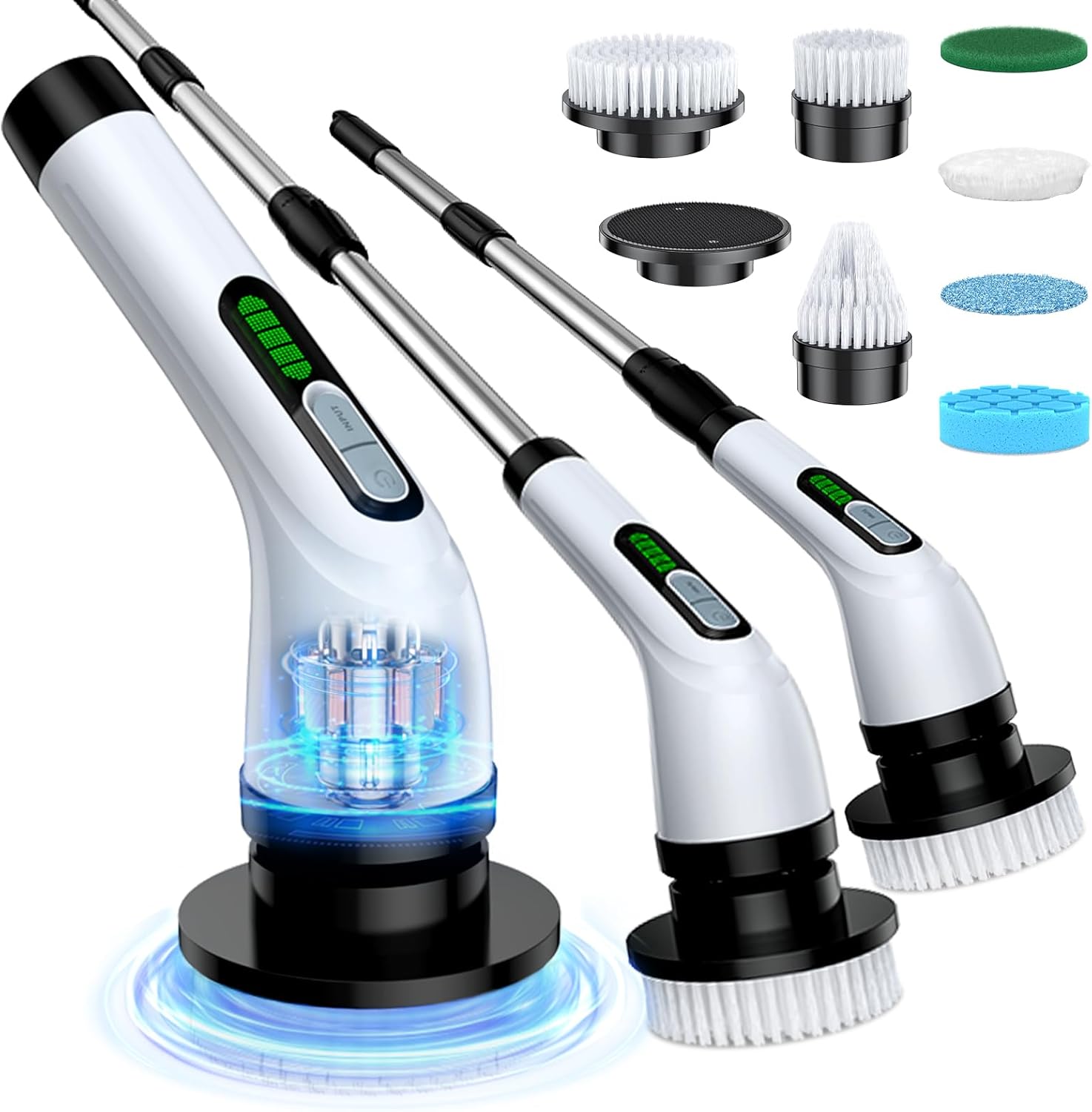 Highyes electric spin scrubber front view showing white cordless body and extended handle for floor tile cleaning