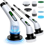 Highyes electric spin scrubber front view showing white cordless body and extended handle for floor tile cleaning