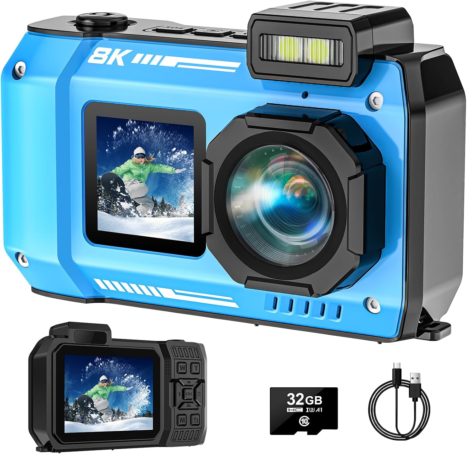 Spunalp 8K UHD Underwater Camera front view in blue