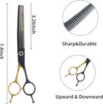 Premium curved pet blending shears with ergonomic offset handle and adjustable tension screw.