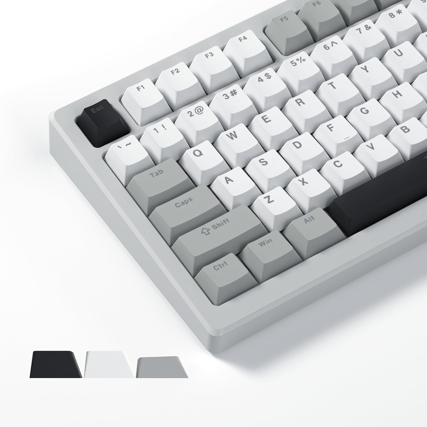 Womier Shine Through PBT Keycaps Grey Creamy custom set mounted on a mechanical keyboard with glowing RGB backlighting