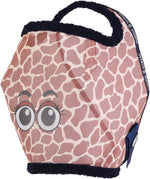 Side profile of horse wearing giraffe print fly mask