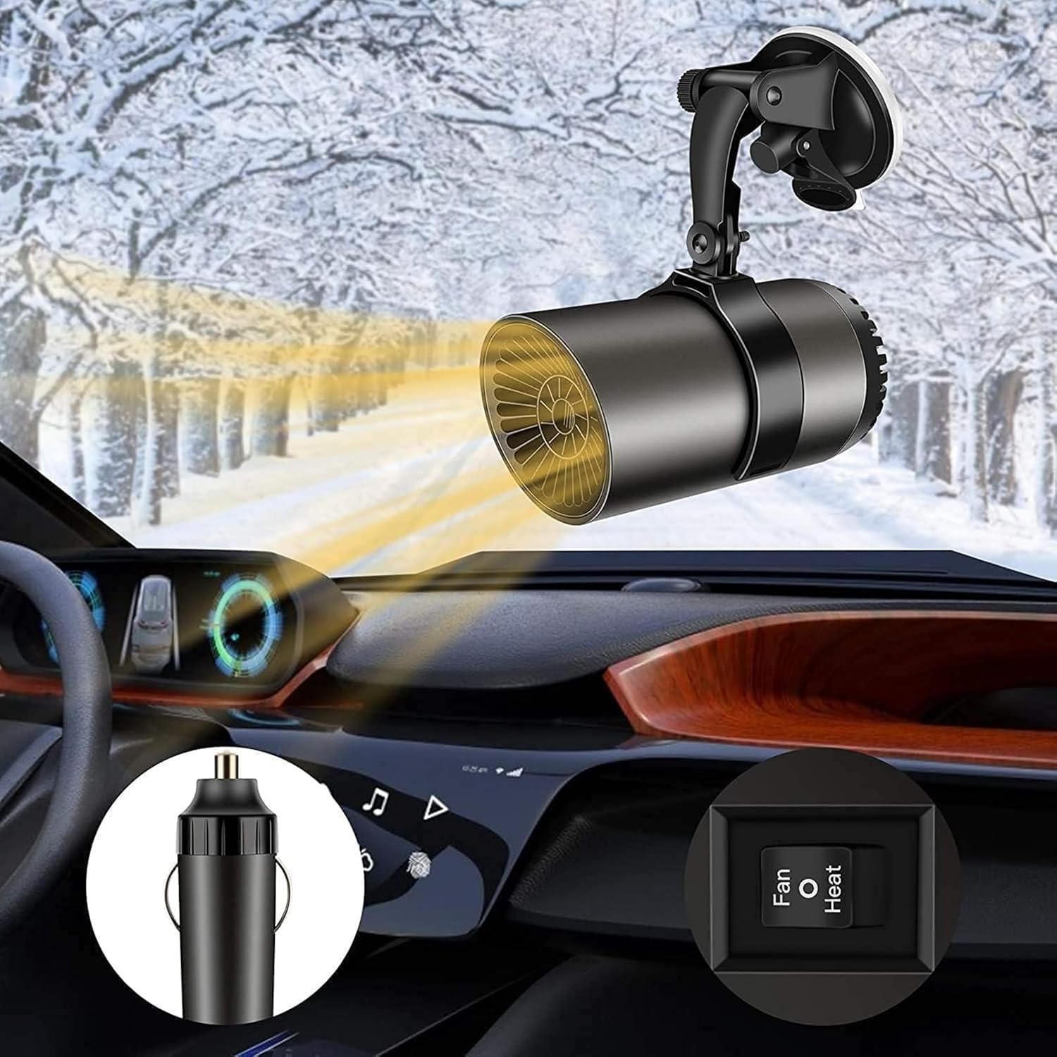 WASAIQI portable car heater front view showing compact black design and heating vents.