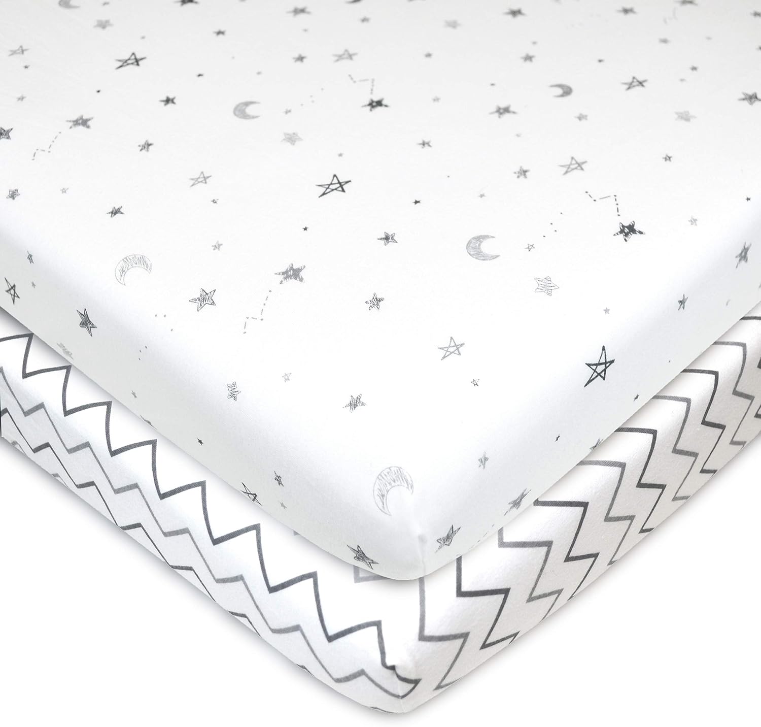American Baby Company cotton fitted pack and play sheets front view showing the grey stars and zigzag patterns.