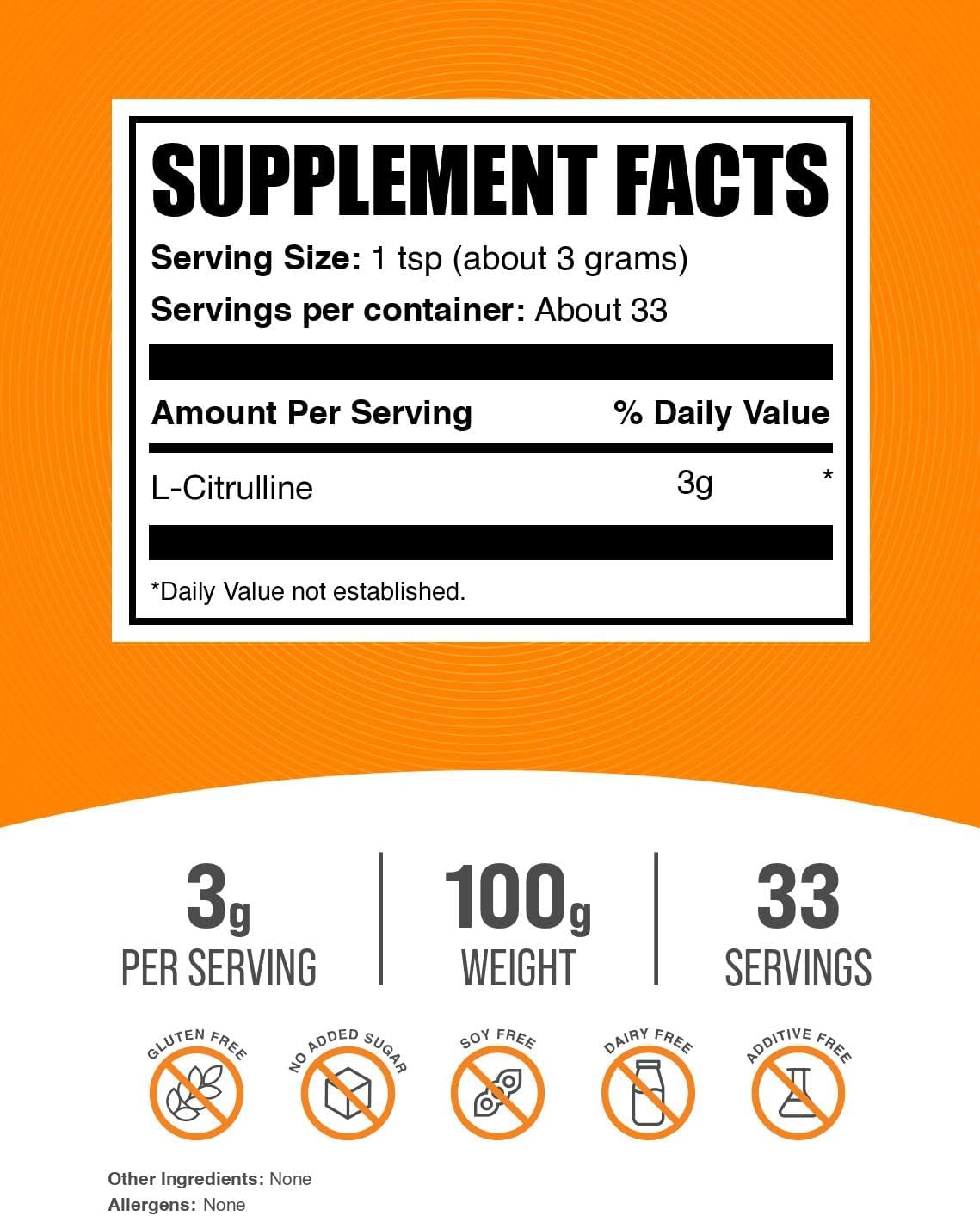 BulkSupplements L-Citrulline Powder supplement facts and nutritional ingredient label closeup