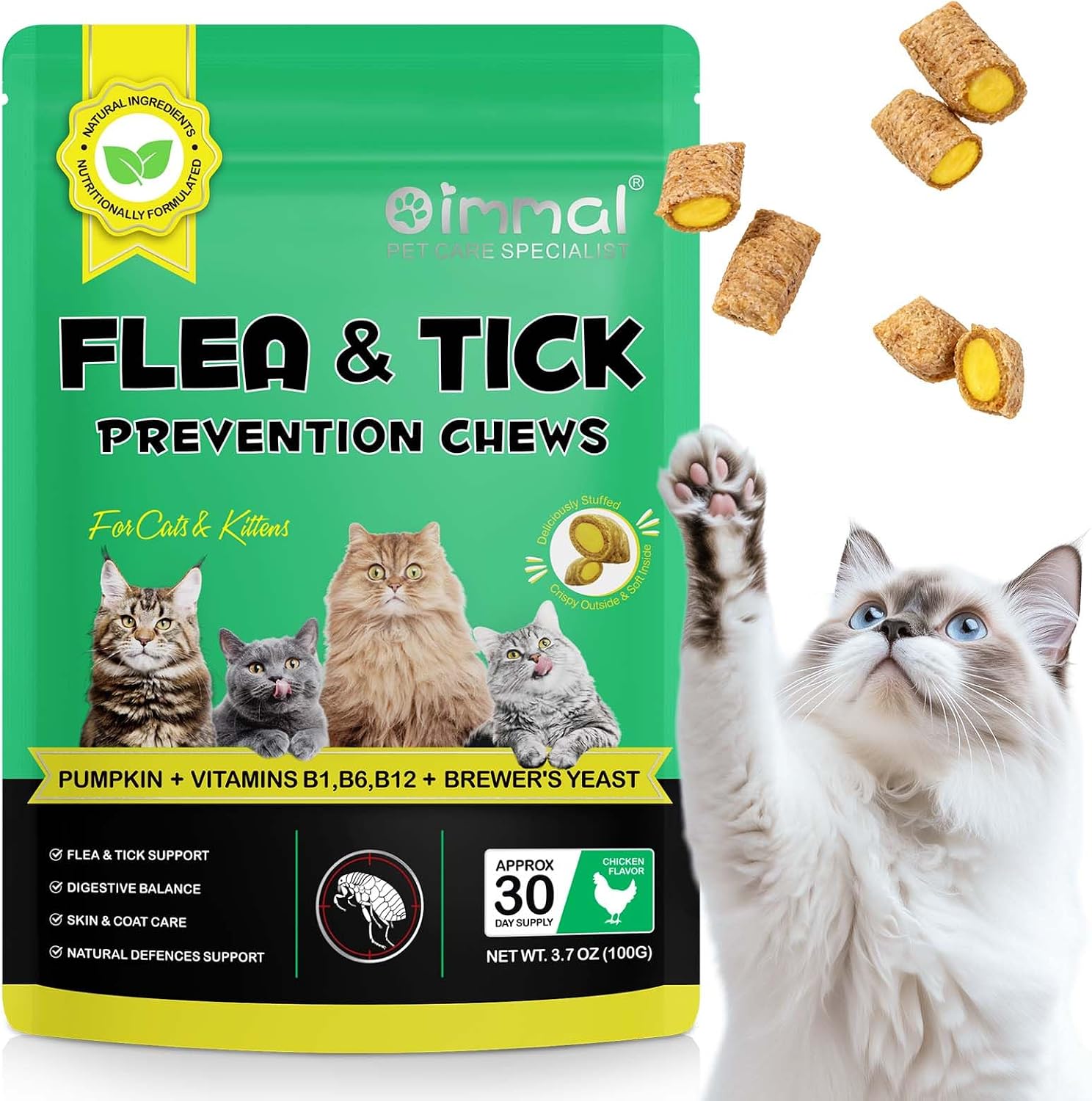 Oimmal Flea and Tick Prevention Cat Chewable Tablets front packaging showing 30 daily supplements