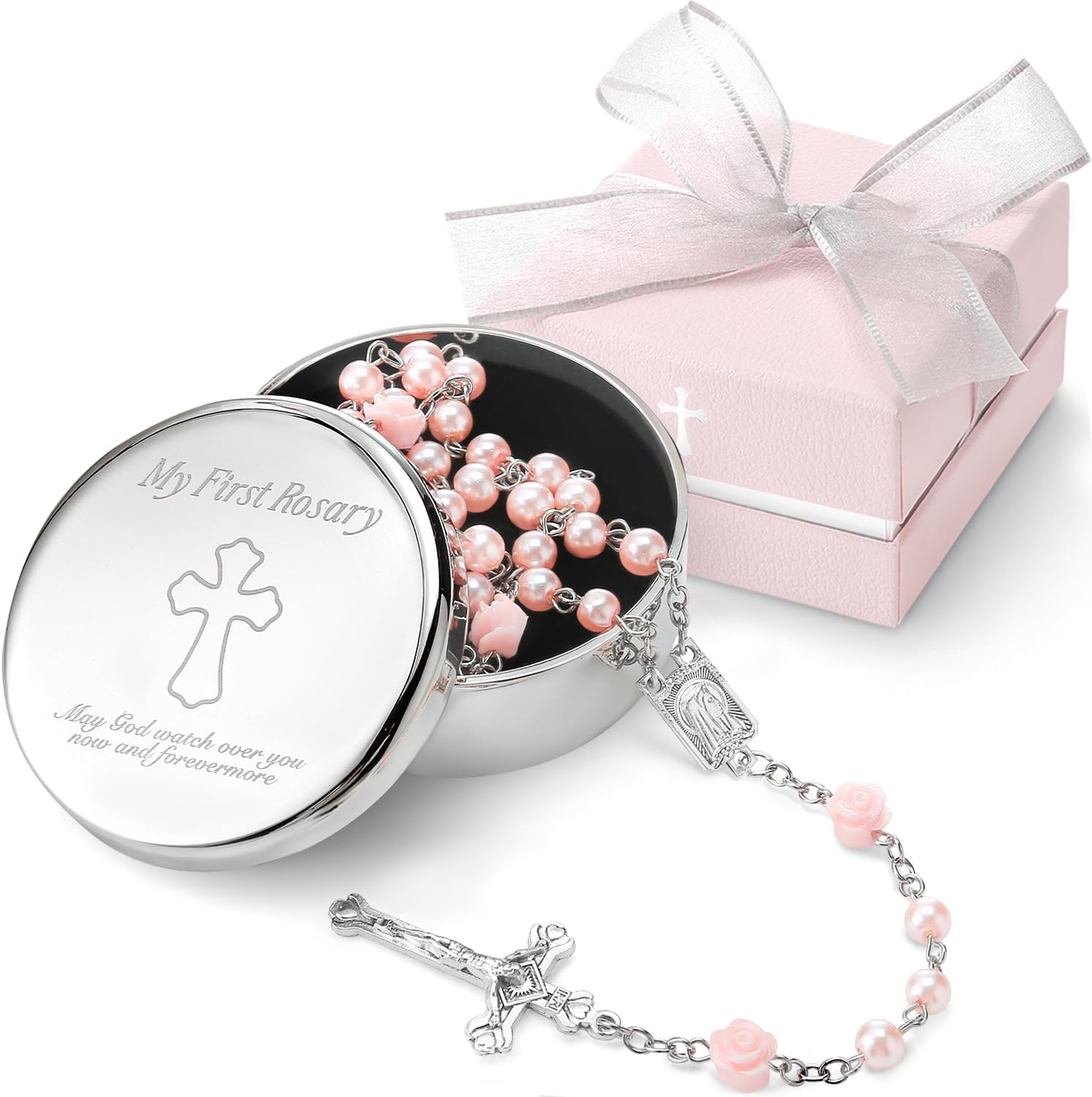 Roman My First Rosary pink beads and silver-plated keepsake box front view