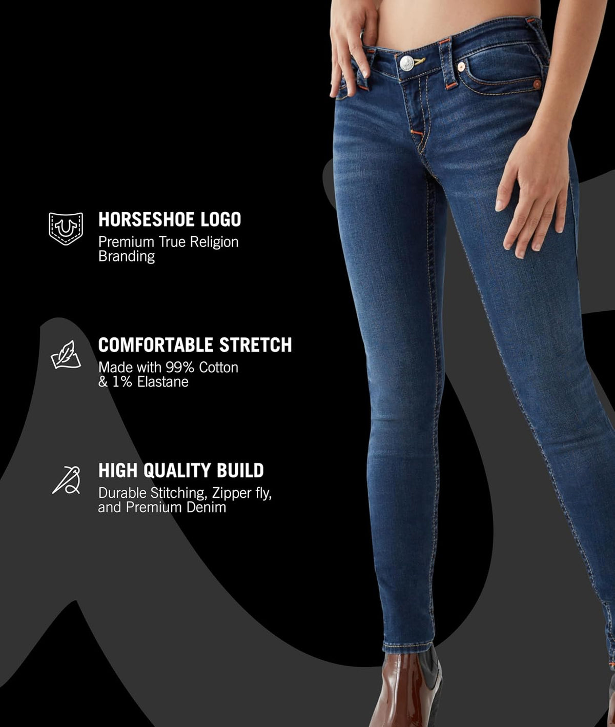 True Religion Stella denim fabric fading and whiskering close-up