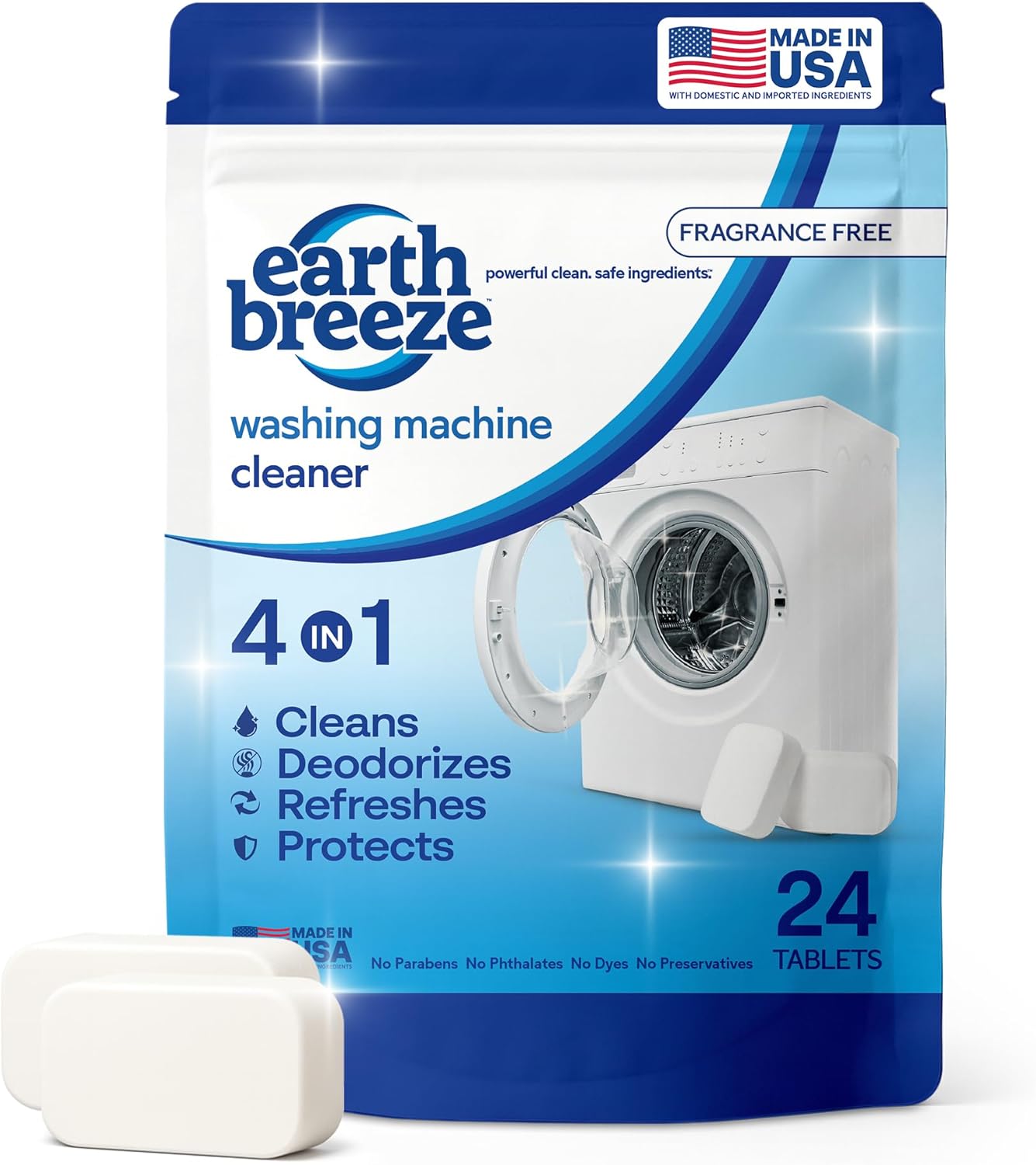 Earth Breeze Washing Machine Cleaner Tablets – Deep Cleans, Deodorizes & Removes Odors, Residue & Buildup – For Front Load, Top Load & HE Washers – Fragrance-Free - No Harsh Chemicals - Made in USA - Image 1