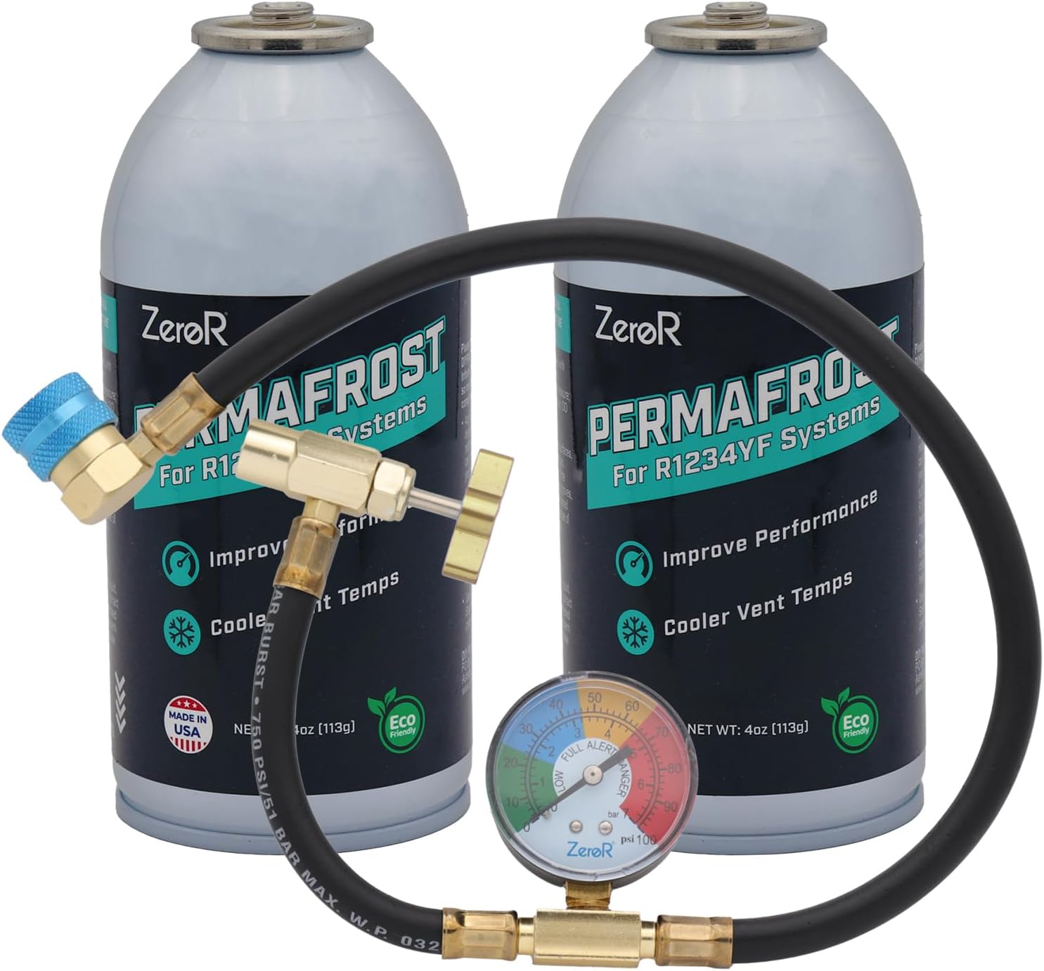 ZeroR Permafrost R1234YF AC performance booster kit front packaging view featuring two cans and brass gauge hose.