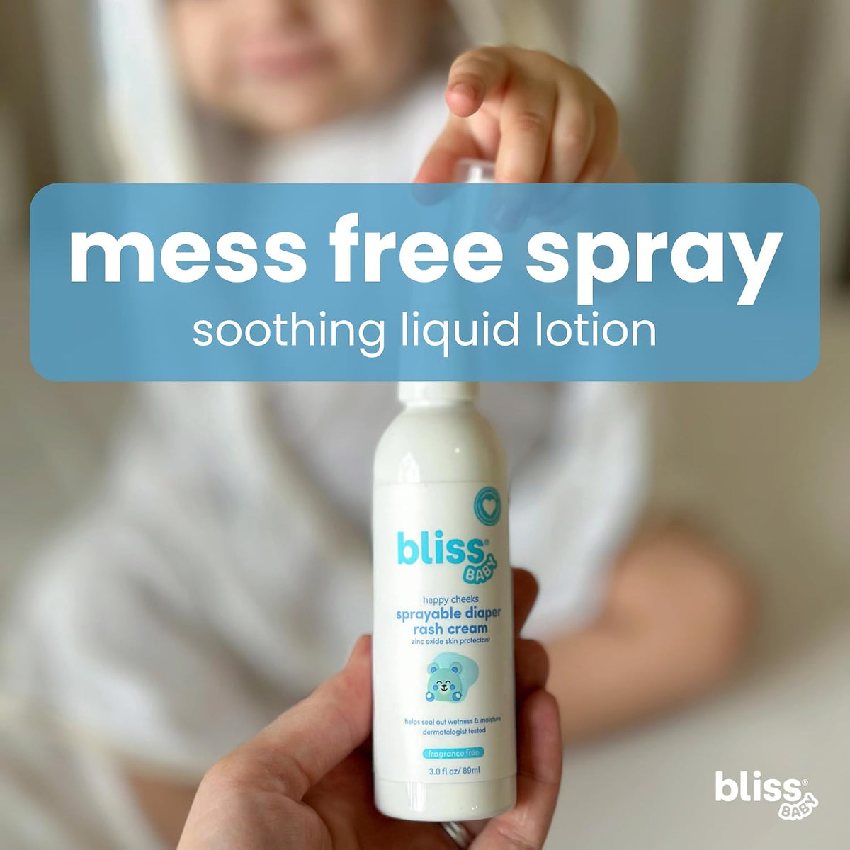 Bliss Baby dermatologist tested vegan diaper rash spray bottle standing upright
