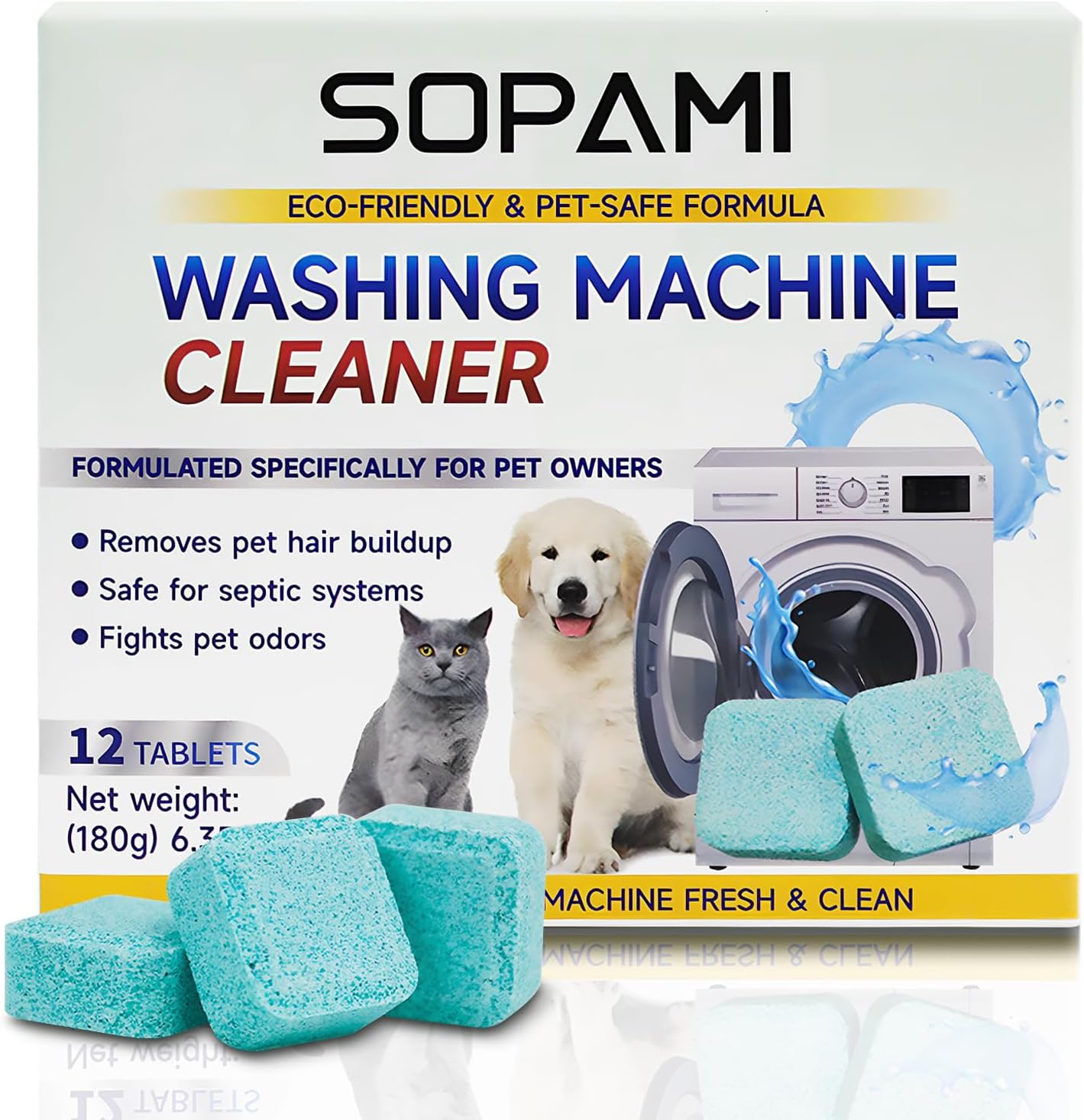 SOPAMI washing machine cleaner tablets twelve pack front view box packaging