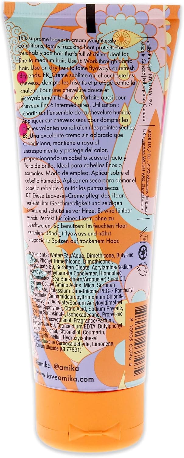 Authentic USA imported Amika smooth blowout hair cream texture display.