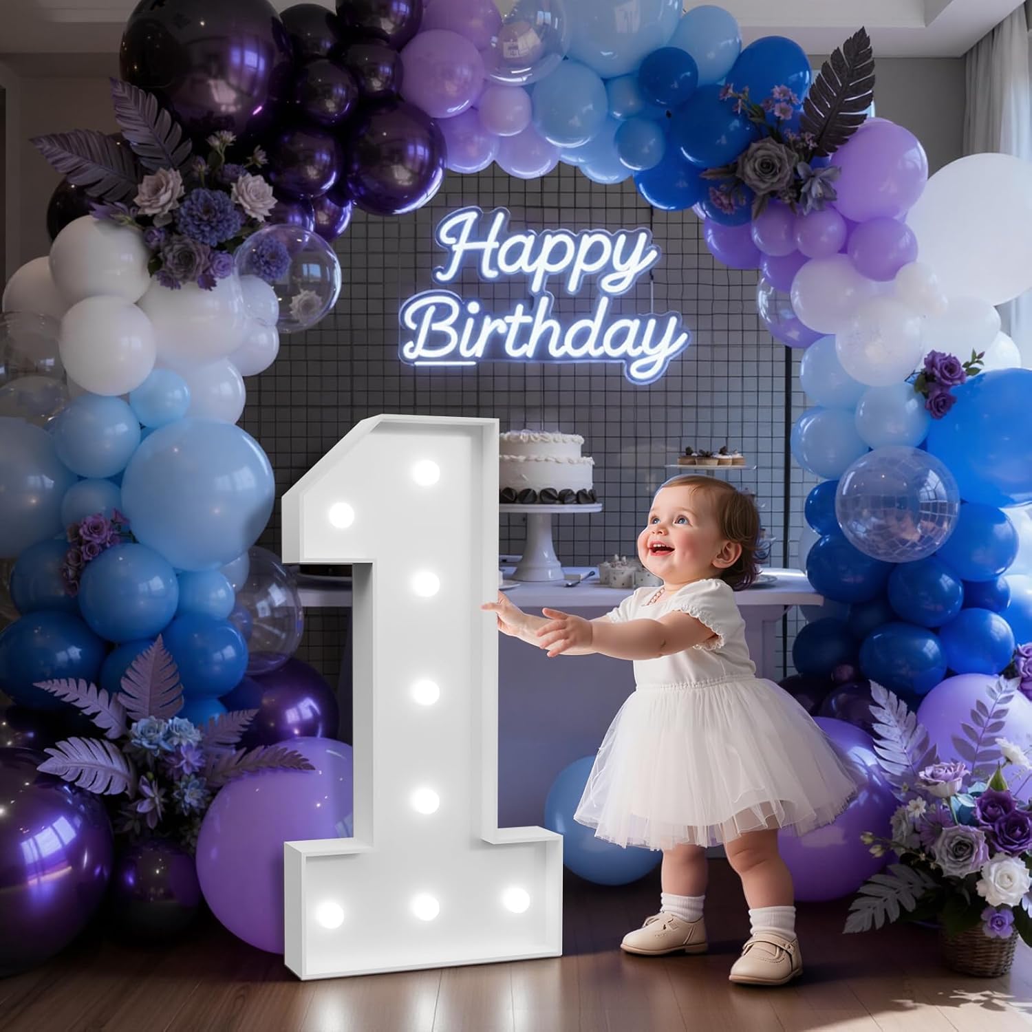 Mixifox marquee number one with lights front view for first birthday decorations