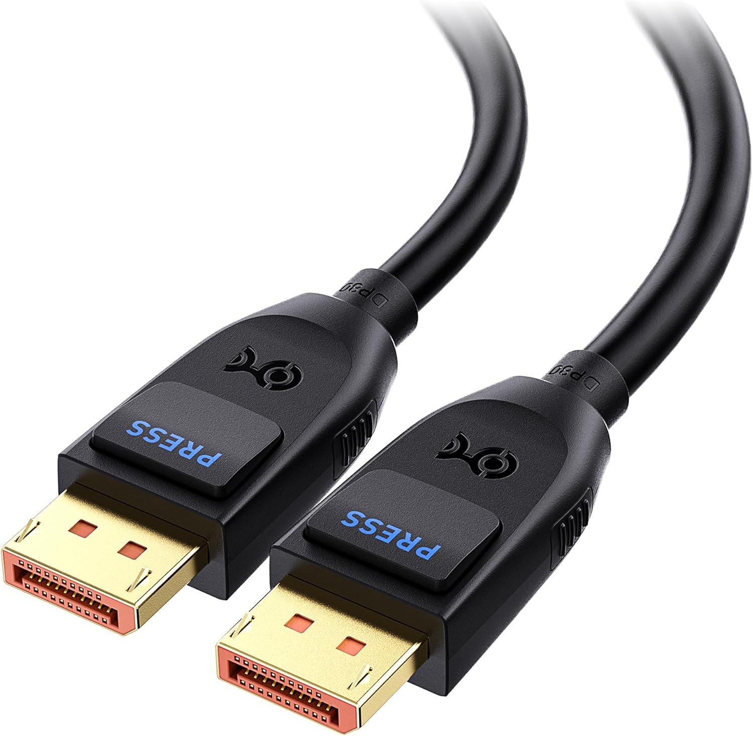 Cable Matters DisplayPort 2.1 cable front view showing premium gold-plated connector
