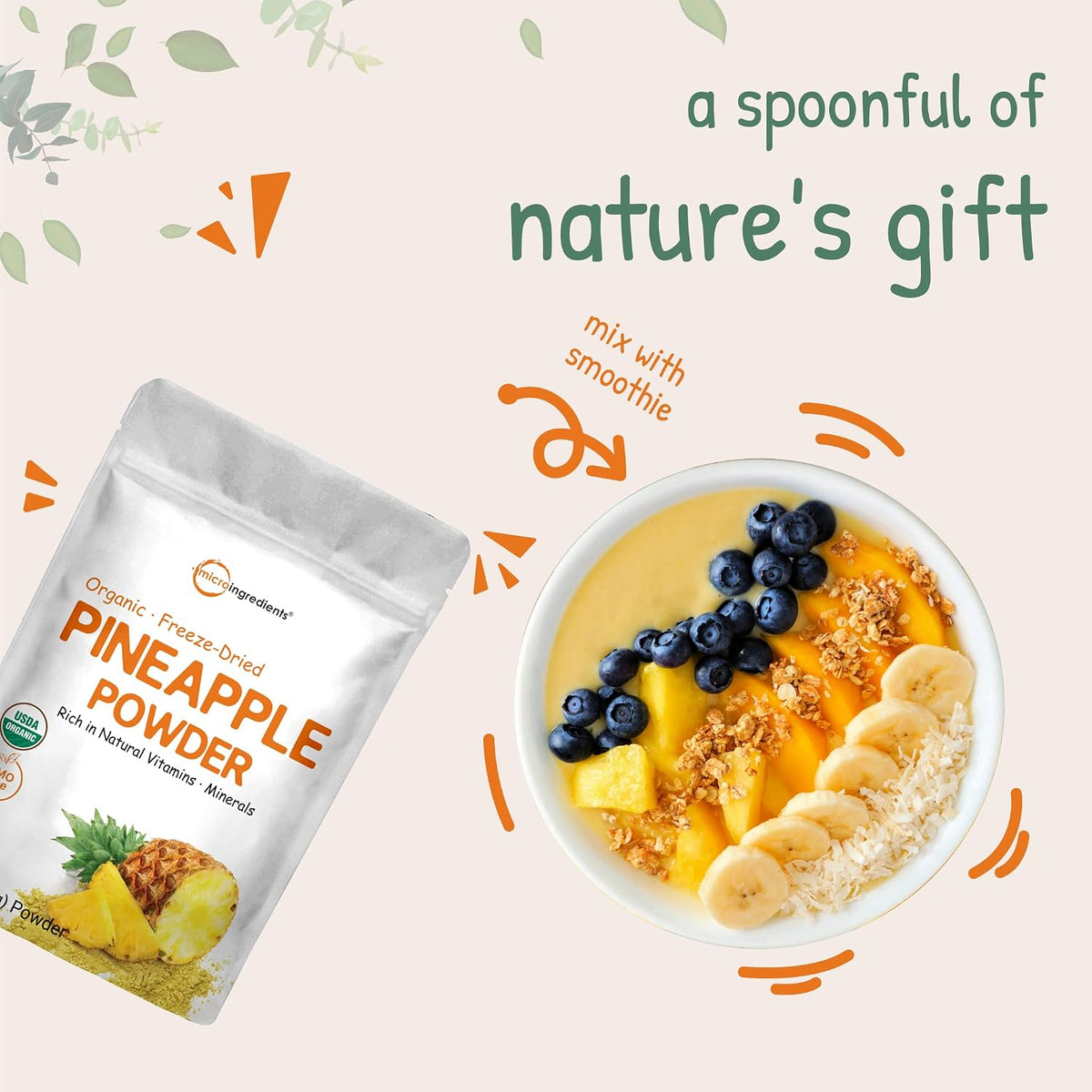 Micro Ingredients Organic Pineapple Powder pouch size reference