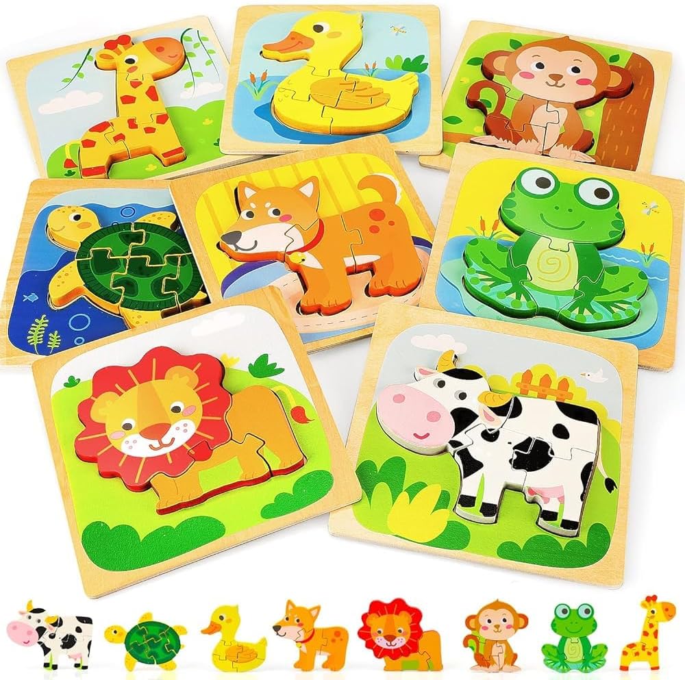 TOY Life wooden puzzles for toddlers eight count set showing front view of colorful animal shapes.