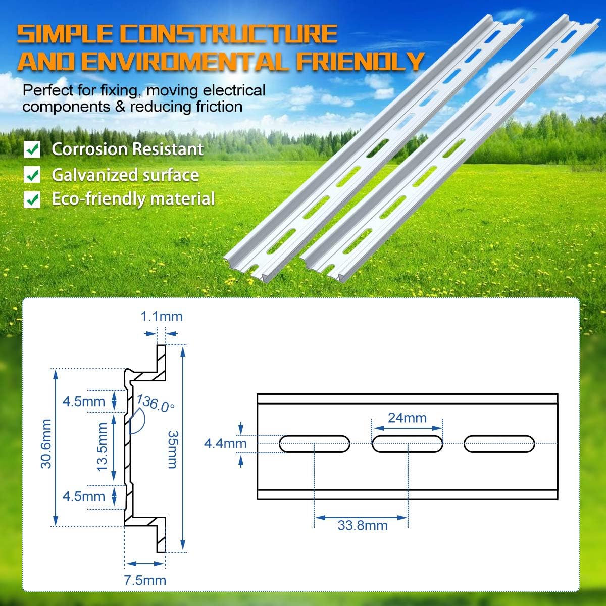 Vamrone slotted DIN rail angled perspective showing height and depth