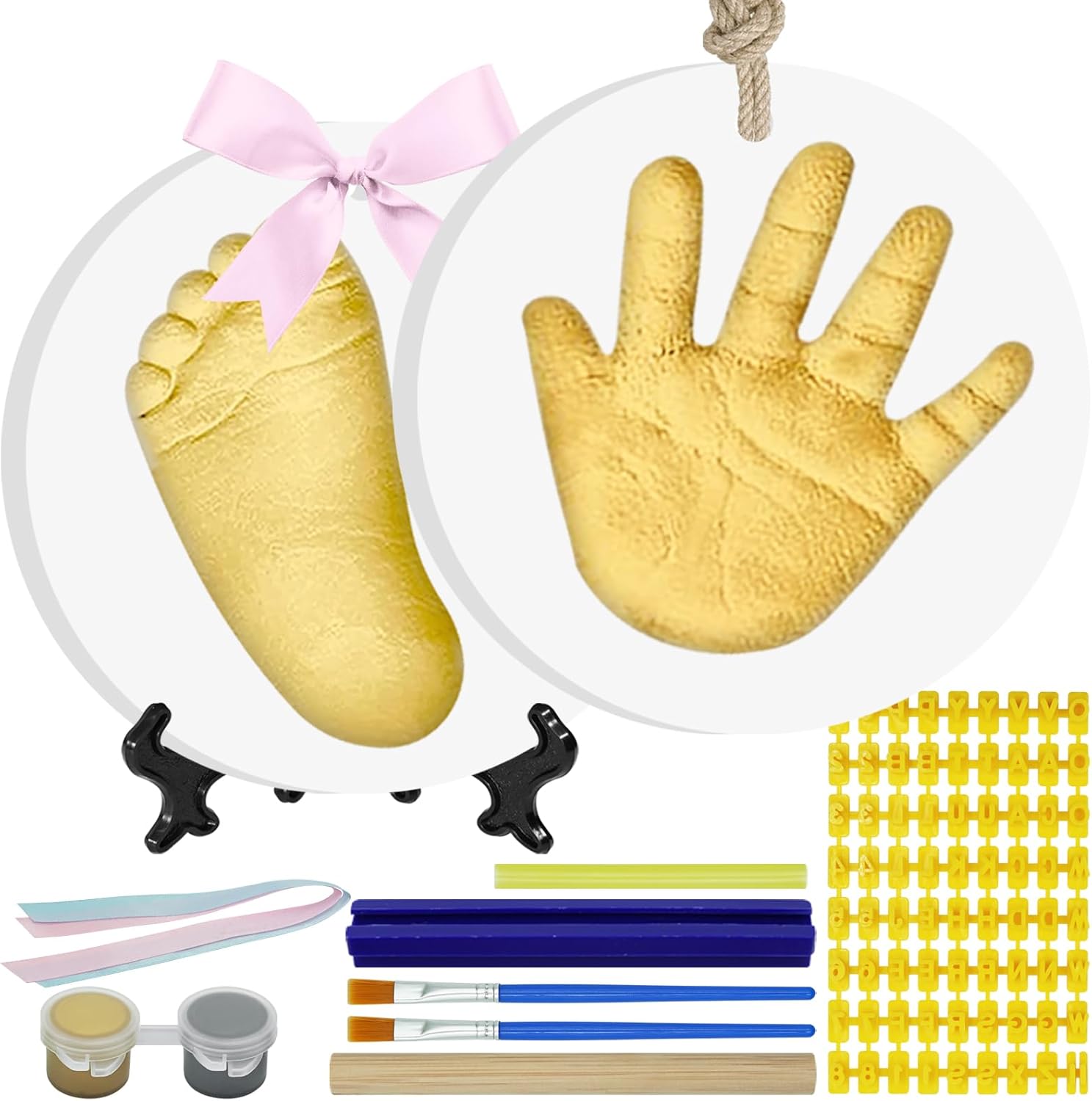 Kimitimi Baby Handprint Footprint Keepsake Ornament Kit front view showing the complete box packaging and custom tools.