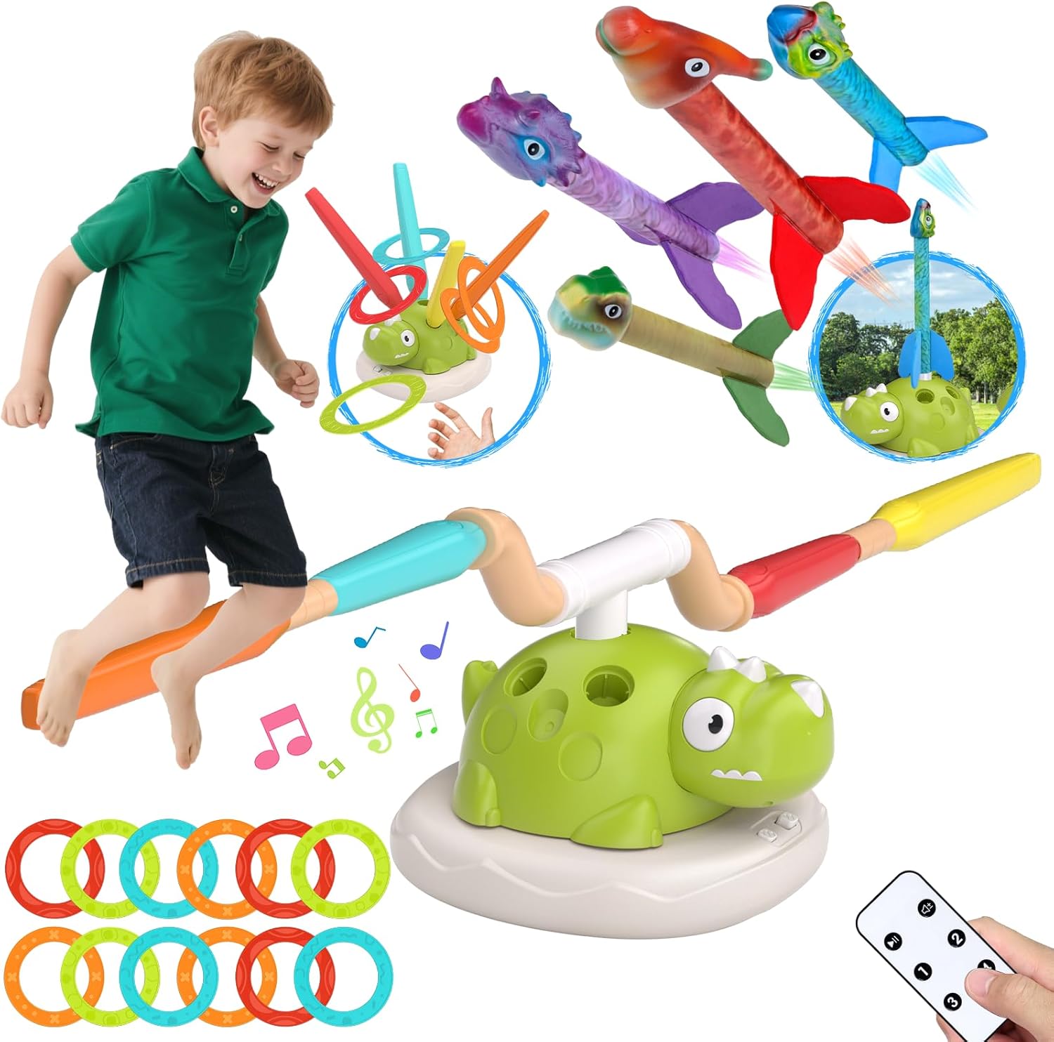 Indoor Outdoor Games for Kids Easter, 3 in 1 Musical Jump, Ring Toss Game & Stomping Rocket Launcher for Kids, Dinosaur Sports & Outside Play Activities Toys with Remote Control for Toddlers 4-8 - Image 1