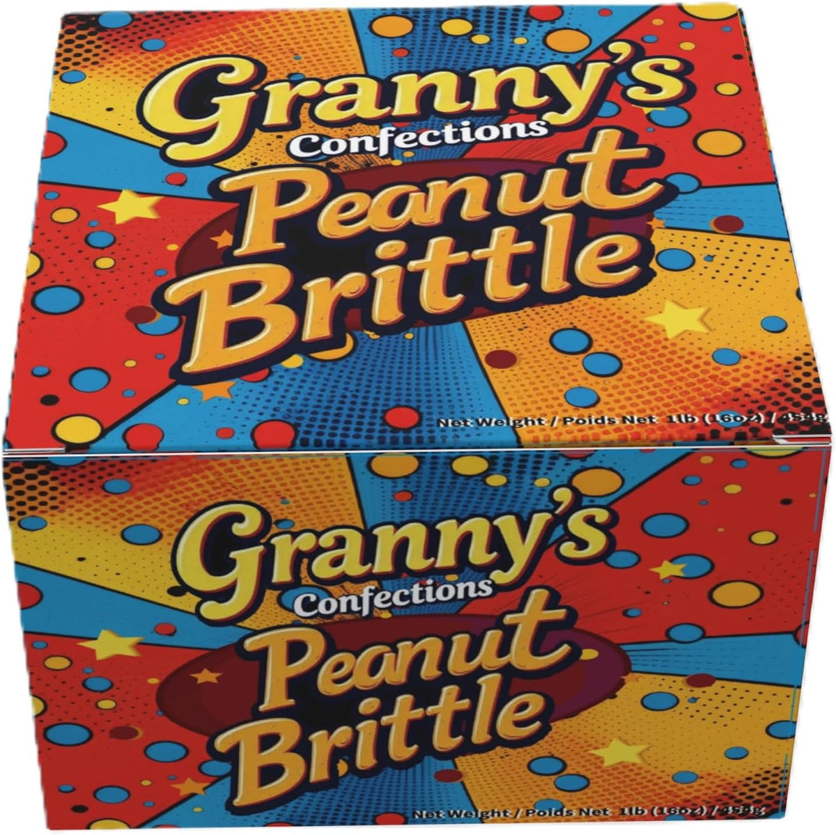 Granny's Confections Old Fashioned Peanut Brittle gourmet snack displayed outside the box