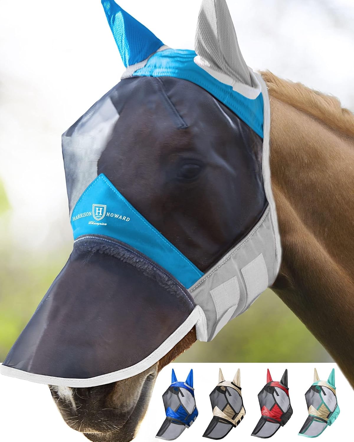 Harrison Howard CareMaster Pro Luminous Horse Fly Mask Large Eye Space Long Nose with Ears UV Protection for Horse Summer Mint Full Size - Image 11