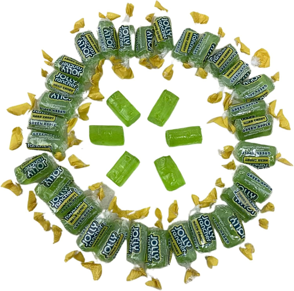 Individually wrapped green apple Jolly Ranchers candy