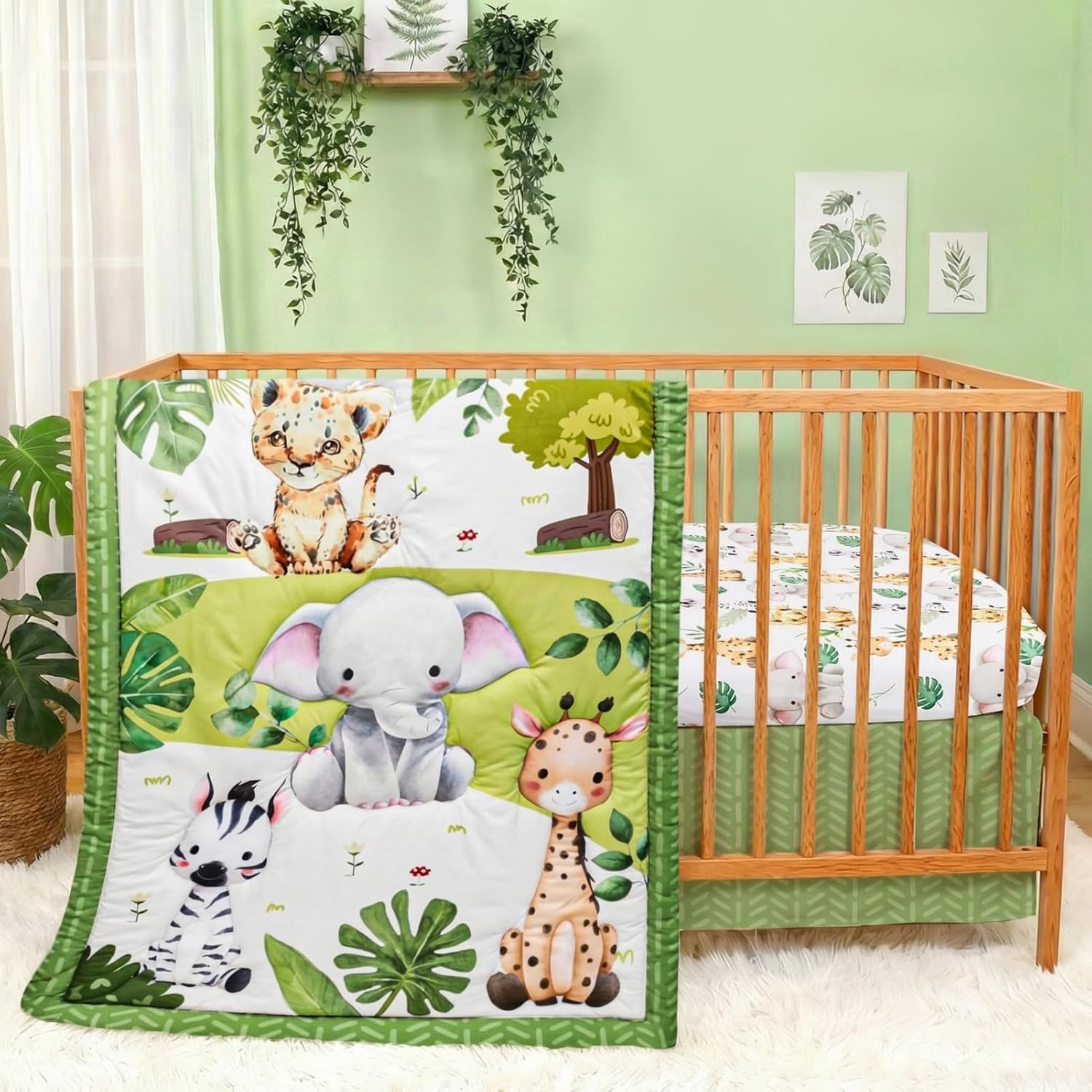 FIGEPO baby crib bedding set safari neutral front view layout displaying the full three piece nursery collection