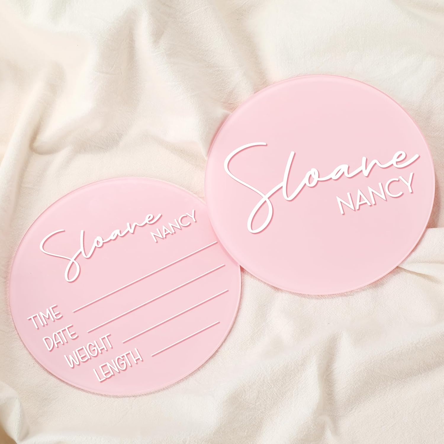 Geelin newborn announcement sign front view with pink acrylic base and custom white text