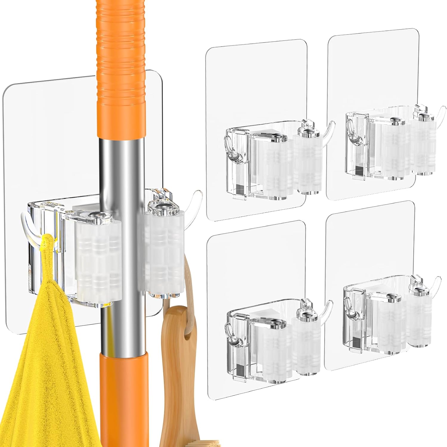 Batur broom holder wall mount front view showing transparent adhesive base and black roller gripper.