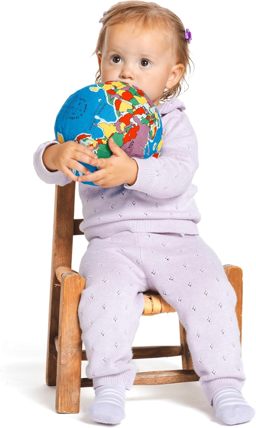 Educational Montessori plush globe showing detailed continental markings