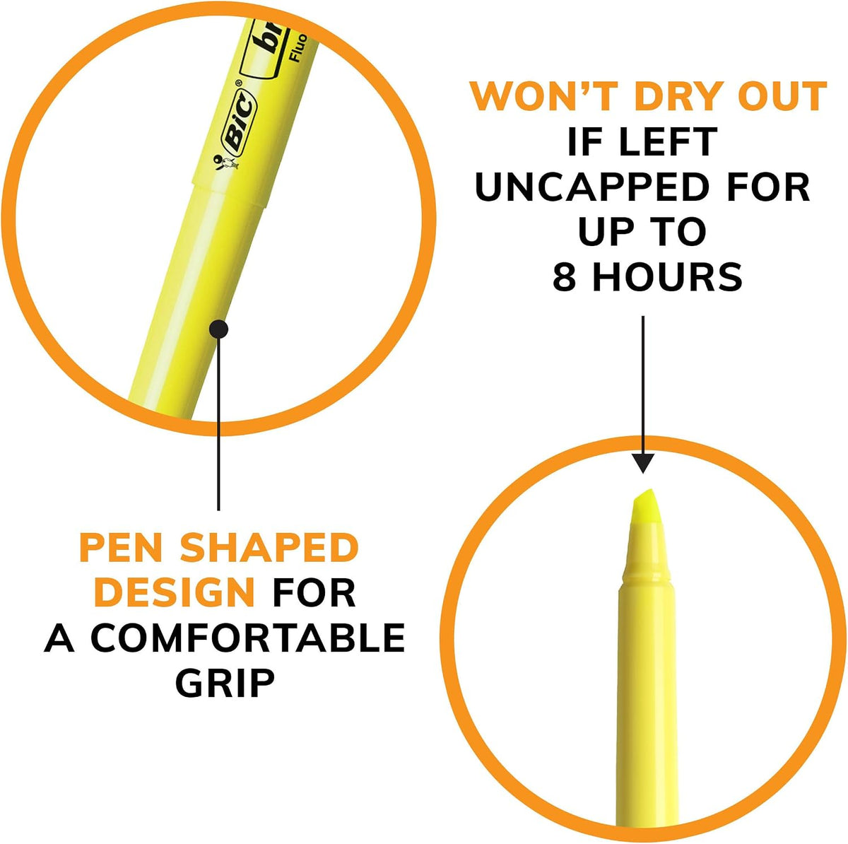 Side profile of BIC Brite Liner highlighter pen barrel and cap