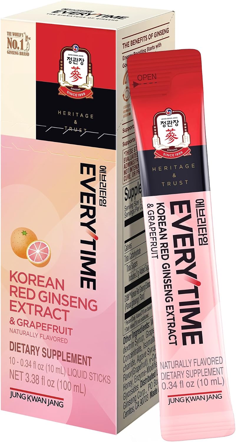 Jung Kwan Jang Everytime Korean Red Ginseng Extract Grapefruit front view vegan energy supplement.