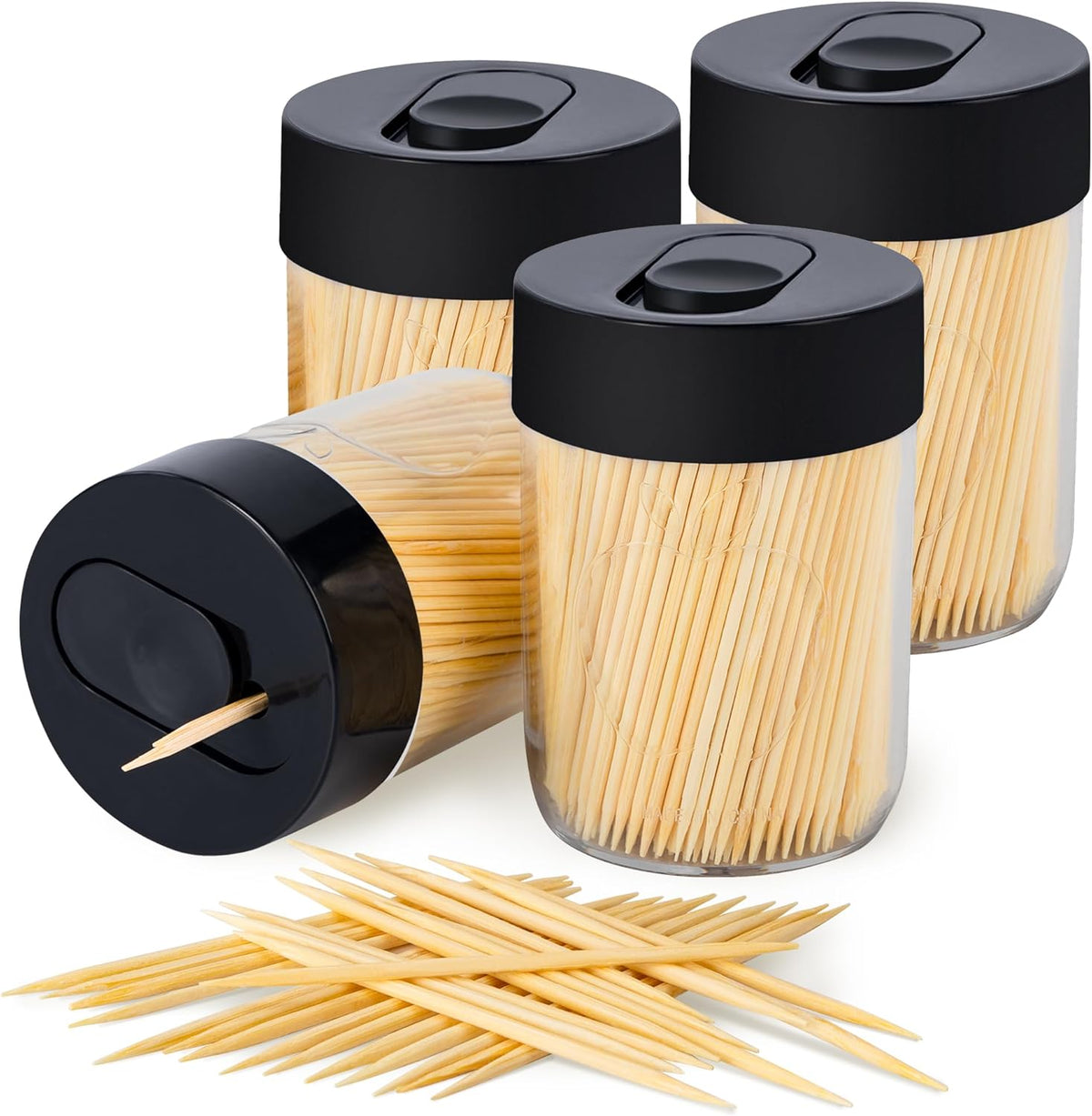 Urbanstrive Sturdy Safe Toothpick Holder front view showing black lid and clear acrylic dispenser packed with natural wood toothpicks.