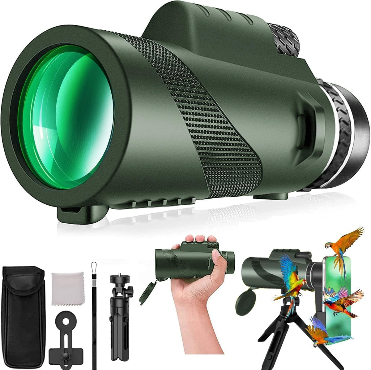 KTBDING high powered monocular telescope front view displaying the large green tinted objective lens