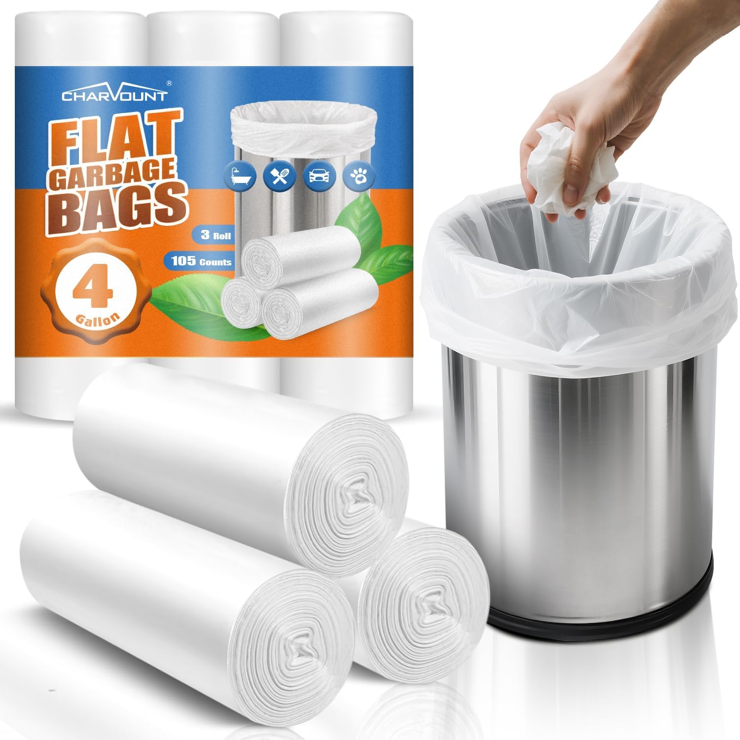 Charmount small trash bags front view of the packaging roll showcasing the white liners.